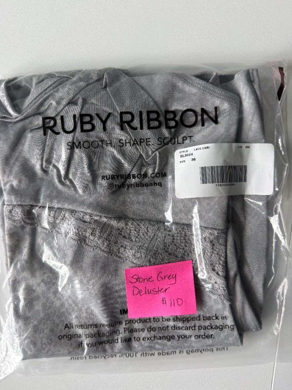 Ruby Ribbon Lace Full Support Cami Style SL 3024 Size 36 Stone Grey Deluster New